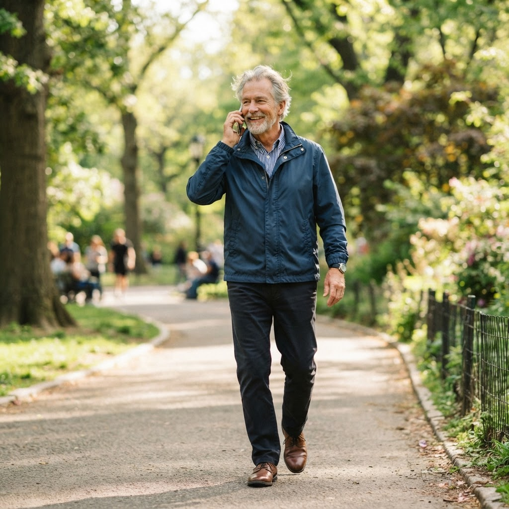 An active older man enjoying a phone call while walking through a green park