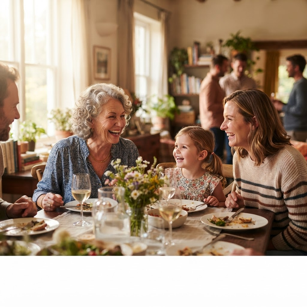 An older woman laughing with her daughter and grandchild around a sunny dinner table